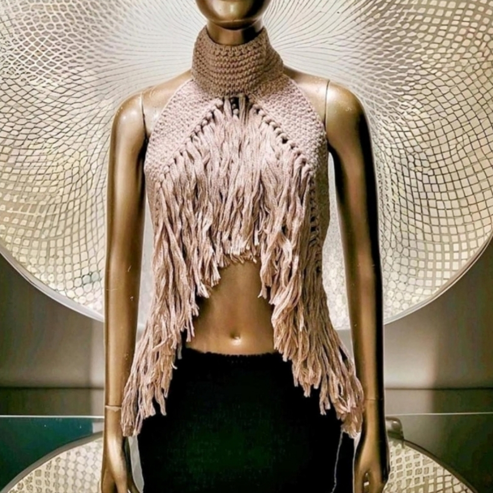 NWT Sexy Knit Choker Fringe Beaded Ibiza Festival Rave Top Sz S